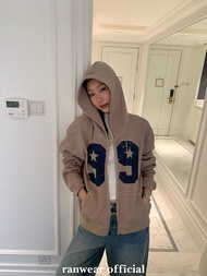 Ranwear Du Home Long Zipper Hooded Sweatshirt And Shorts Set Vintage Print Fashionable Two-Piece Cot