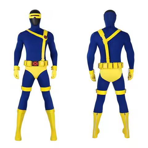 97 Cyclops Cosplay Costume Blue Jumpsuit Yellow Shoes Set Scott Summers Movie Costume Male Halloween