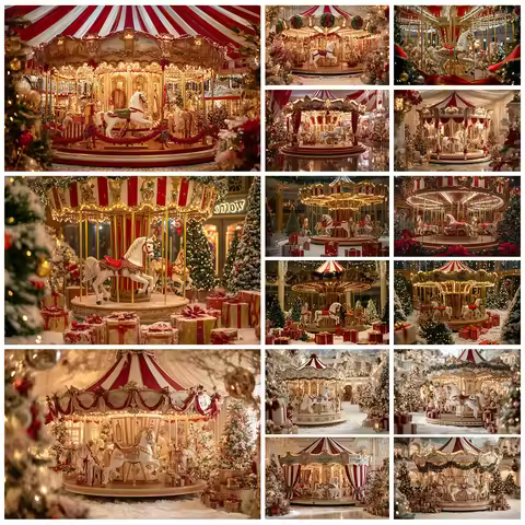 Luxury Circus Christmas Photography Background Carousel Winter Snowy Xmas Tree Gift Kids Holiday Par