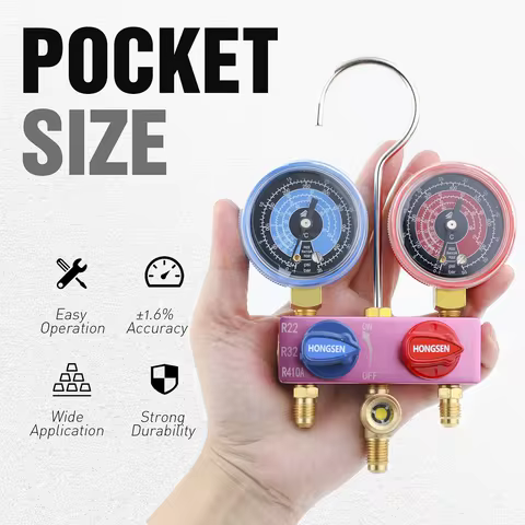 HONGSEN HS-M02 Air Conditioner Manifold Gauge Set Refrigerant Tools for R410A R32 R22 with Hoses Ada