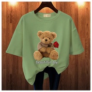 BAJU KAOS WANITA OVERSIZE LENGAN PENDEK BEAR LOVE LEHER BULAT KAOS MURAH COTTON COMBED blus jumbo