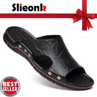 Slieonk Summer Fashion Men's Cow leather Flip Flops Beach Sandals for Men 2020 Leather Flat Slippers Non-slip Shoes Soft Sole Sandal Flip Flops Pantai Lelaki