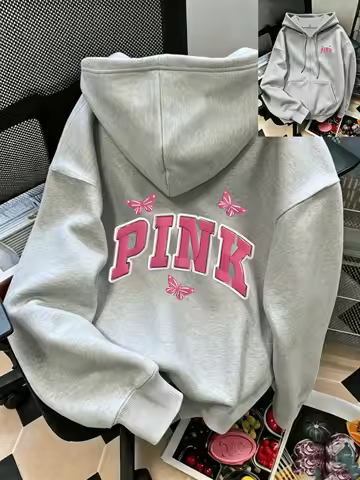 Letter-Printed Zip-Up Hoodie, Casual Zip-Up Long-Sleeve Hoodie - Knitted Polyester Fabric, Perfect f