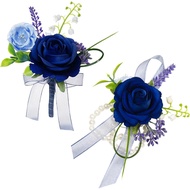 AuroraAria Navy Blue Corsage and Boutonniere Set, Silk Prom Corsage Wristlet Band Bracelet for Homec