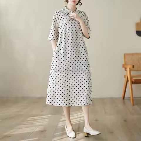 Summer Chinese Style Cotton Linen cheongsam Travel Art Polka Dot Loose A-Line Mid-Length Dress for W