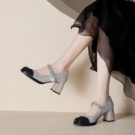 J Vintage Mary Jane รองเท้าผู้หญิงสไตล์ฝรั่งเศสรองเท้าส้นสูงนางฟ้ารองเท้าหนังขนาดเล็กไข่มุกหนังแก้วส้นหนา