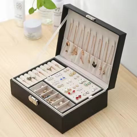 Double-layer Jewlery Box Ring Box Jewelry Boxes with Locks, PU Leather Jewelry Storage Organizer and