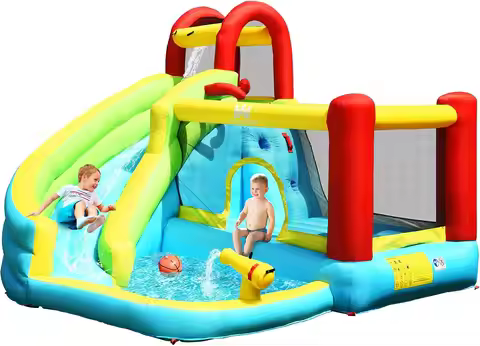 6-in-1 Bounce House, Inflatable Jumper w/Slide, Climbing Wall, Splash Pool, Water Gun, Basketball Ho