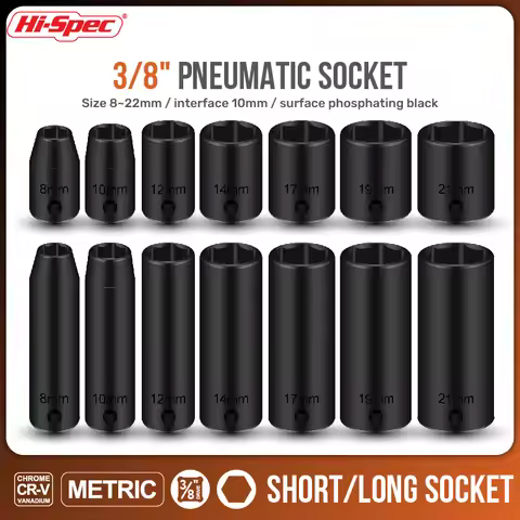 Hi-Spec 3/8 Inch Drive Pneumatic Impact Socket Set CR-V Metric Short Long Deep Socket 8-22mm Surface