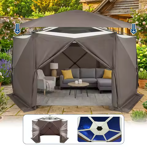 Starry Sky Shed Outdoor Tent with Eaves Hexagonal 13x13FT with 6-sided Screen Khaki/Green 210D Oxfor