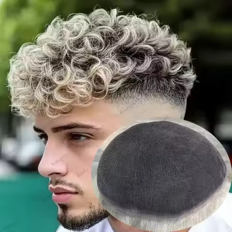 Breathable Full Lace Human Hair Toupee for Men Hairloss Blonde Ombre 20mm Curly Hair Replacement Sys