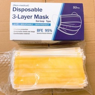 พร้อมส่ง หน้ากากอนามัย ผ้าปิดจมูก สีเหลือง 3ชั้น ปิด ปาก จมูก ผ้าปิดหน้า แมส 1กล่องมี50ชิ้น Yellow Mask 50pcs/pack