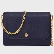 Tory burch 防刮皮革翻蓋斜背鍊包-深藍