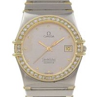 二手OMEGA星座系列男士腕錶，不鏽鋼錶殼鑲嵌鑽石，石英機芯，指針式顯示，銀色錶盤。