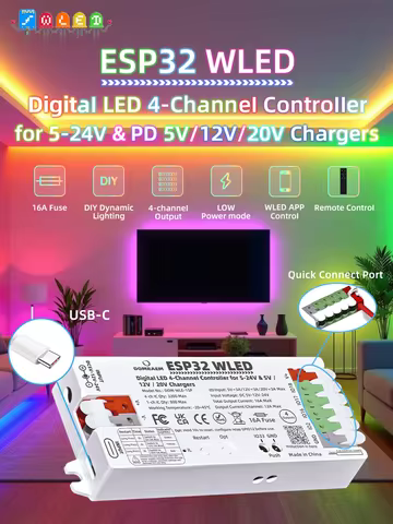 Dual PSU ESP32 WLED Digital LED Controller PD 5V/12V/20V & DC 5-24V with 4 Outputs for WS2811/12B AP