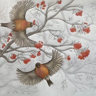 Winter Birds watercolour painting, bullfinch bird art, home design, rowan berry