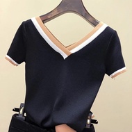 V-NECK SHORT-SLEEVED T-SHIRT KNIT V NECK T SHIRT WOMEN