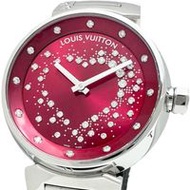 LOUIS VUITTON/ 路易威登 Tambour Attraction Q13M2 女士不鏽鋼石英腕錶，RED錶盤，銀色錶帶
