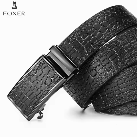 FOXER Cowhide Leather Men's Belts Fashion Automatic Buckle Cowskin Male Belts Luxury Designer Black 
