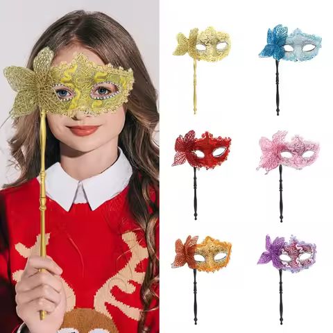 Halloween Party Mask with Holding Stick Pretty Masquerade Mask Half Face Mask Venetian Butterfly Mas