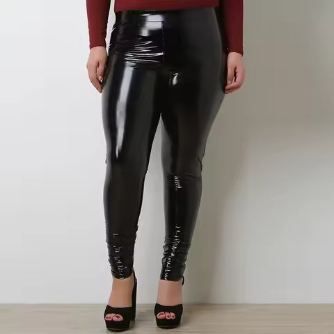 Plus Size Women Faux Latex Pants High Waist Shiny Patent Leather Pants 9XL 8XL Ladies Stretch PU Bod