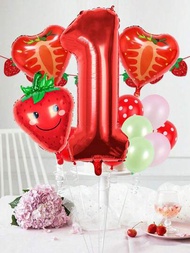 19入組草莓數字氣球套裝，包括紅色草莓、粉色、綠色乳膠氣球，適用於生日派對、草莓主題派對、家居裝飾