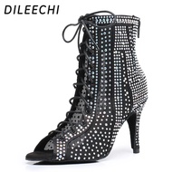 【Support-Cod】 Dileechi Black Satin Latin Dance Boots Women Rhinestones Net Salsa Party Wedding Ballroom Dancing Shoes High Heel