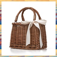 (ZWNA) Rattan Woven Bag Retro Style Bag Handbag Beach Bag Storage Basket Lunch Box Bag