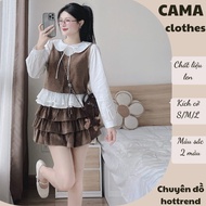 Set of 3 pieces CAMA HCOM26779 lotus collar shirt with lace waistcoat mixed with flared skirt, lovel