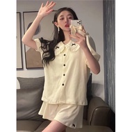 Qweek Pajamas with Shorts Korean Style Doll Collar Bow Ruffle Pyjamas Womens Home Clothes Summer 202