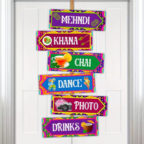 6pcs Indian Wedding Directional Sign Set, Colorful Mehndi Party Signs for Khana, Chai, Dance, Photo 