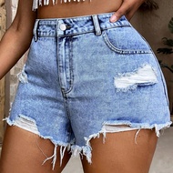 Women Plus Size Blue Distressed Denim Shorts Summer Vacation Woman 90s Spring For Women Y2k Cowgirl
