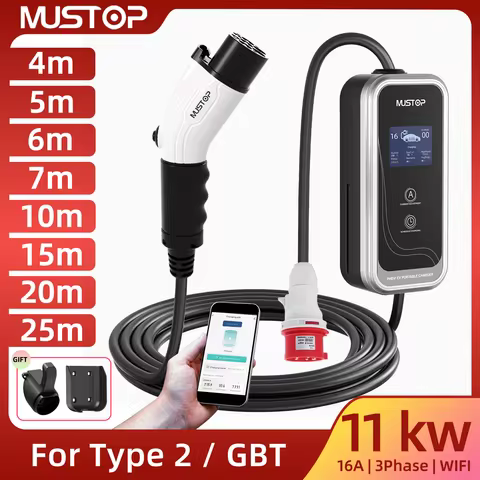 MUSTOP 11KW Portable EV Charger Type2 GBT 3Phase 16A EVSE Cee Plug 25ft 4m 5m 6m 7m 10m 15m 20m j177