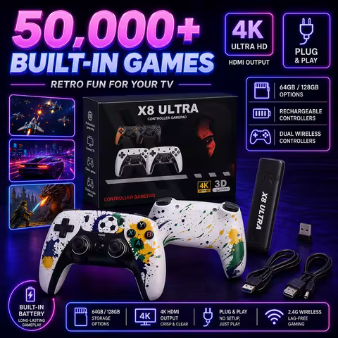 New Style X8 Ultra Retro Video Game Stick 2.4G Wireless Dual Controller TV Game Console 50000 Games