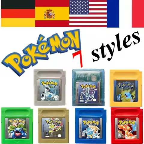 7 Styles Pokémon 16-Bit GBC Game Cartridge Red Blue Green Gold Silver Crystal French/Spanish/German/