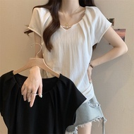 快速出货 褶皺 v領 上衣女韓版 ins 潮 修身 顯 上衣女韓版 ins 潮 高级感褶皱v领短袖T恤女夏季2025新款韩版修身显瘦洋气大码上衣女Fast Shipping Pleated v-Nec