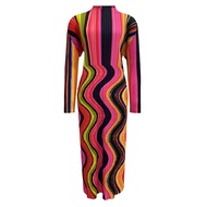 2025 spring new pleated casual A-Line dress with retro style line printing semi-turtleneck design fo