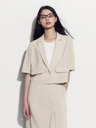 女裝|短版翻領短袖西裝外套-卡其色