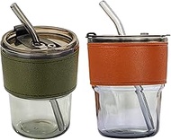 2 pcs Glass Tumbler with Straw and Lid Iced Coffee Cup 13oz Matcha to go Travel Reusable Glass Cups 