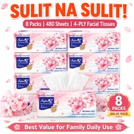 8 Packs 4-Ply Soft Facial Tissue 480 Sheets 100% Virgin Wood Pulp Safe for Baby & Whole Family PB