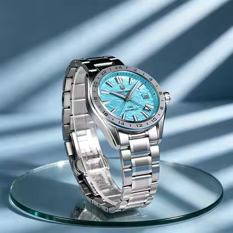 PAGANI DESIGN GMT Automatic Watch Ice Blue Turquoise Dial Stainless Steel Bracelet 100M Waterproof L