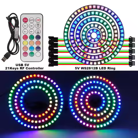 WS2812B LED Ring Light Black/White PCB+USB5V 21Keys Controller.5V SMD 5050 RGBIC Pixel Full Color LE