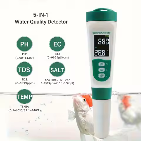 5-in-1 Water Quality Tester with Digital Display Multi-Parameter TDS/EC/Ph/Salt/Temp Tester, 0-999pp