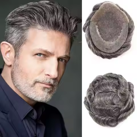 6x8/6x9/7x9/7x10 Natural Hairline Q6 Base Toupee For Men Human Hair Lace&PUMale Wig Mixed Grey Hair 