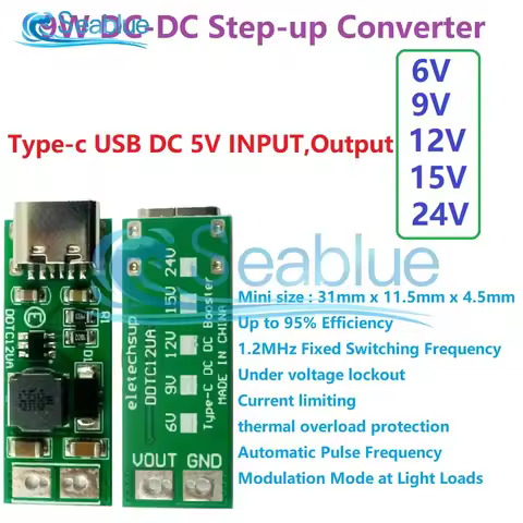 9W Mini Type-C USB DC 5V to 6V 9V 12V 15V 24V DC DC Boost Converter Step-up Module PWM PFM Voltage R