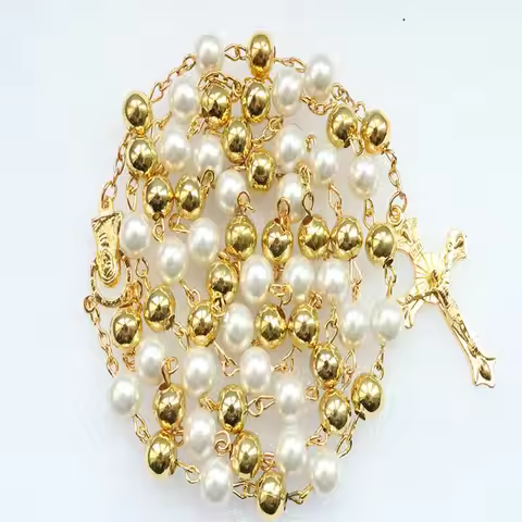 4mm Gold Crystal Pearl Necklace, Rosary Necklace and Gold Plated Cross Necklace Ladies Pearl Necklac