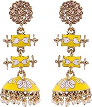 Bollywood Jewellery Ethnicl Wedding Bridesmaid Gold Plated Royal Rajasthani Yellow Design Double Step Layered Kundan Jhumka Earring For Women &amp; Girl's