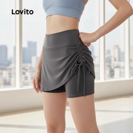 Lovito Sporty Sport Shorts Ruched 2in1 Skirt Tummy Control for Running Yoga Pants Tennis for Women L