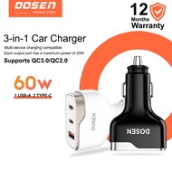 Dosen Car Charger Fast Charging 3 Ports 60W 1 USB 2 Type-C QC3.0 Compact Aluminum Shell 12-24V Safe 