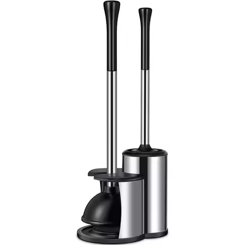 Toilet Plunger Bowl Brush Set: Hideaway Heavy Duty Toilet Plunger Scrubber Cleaner Holder Combo for 